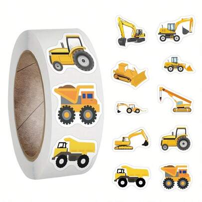 500pcs Cartoon Construction Vehicles Vinyl Sticker Roll - Reusable, Self-Adhesive, Glossy Stickers For Scrapbooks, Diaries, Laptops, Bumpers, Skateboards, Water Bottles, Phones - Mixed Colors, Crystal Embellishments, Irregular Shapes