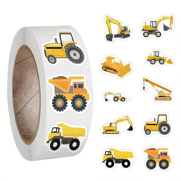 500pcs Cartoon Construction Vehicles Vinyl Sticker Roll - Reusable, Self-Adhesive, Glossy Stickers For Scrapbooks, Diaries, Laptops, Bumpers, Skateboards, Water Bottles, Phones - Mixed Colors, Crystal Embellishments, Irregular Shapes