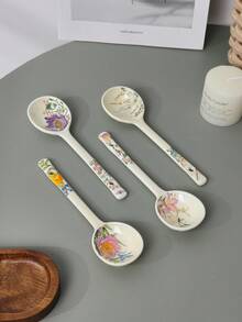 Vintage Floral Ceramic Spoon, Household Soup Spoon, Japanese Style Dessert Spoon, High-Quality Rice Spoon, Personal Long Handle Spoon
