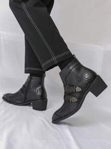 Men's Chunky Heel Boots With Double Buckle Design, Retro Formal Boots, Black Versatile Motorcycle Boots, Couple Style Suitable For Party, Banquet, Ball - Black - View 5