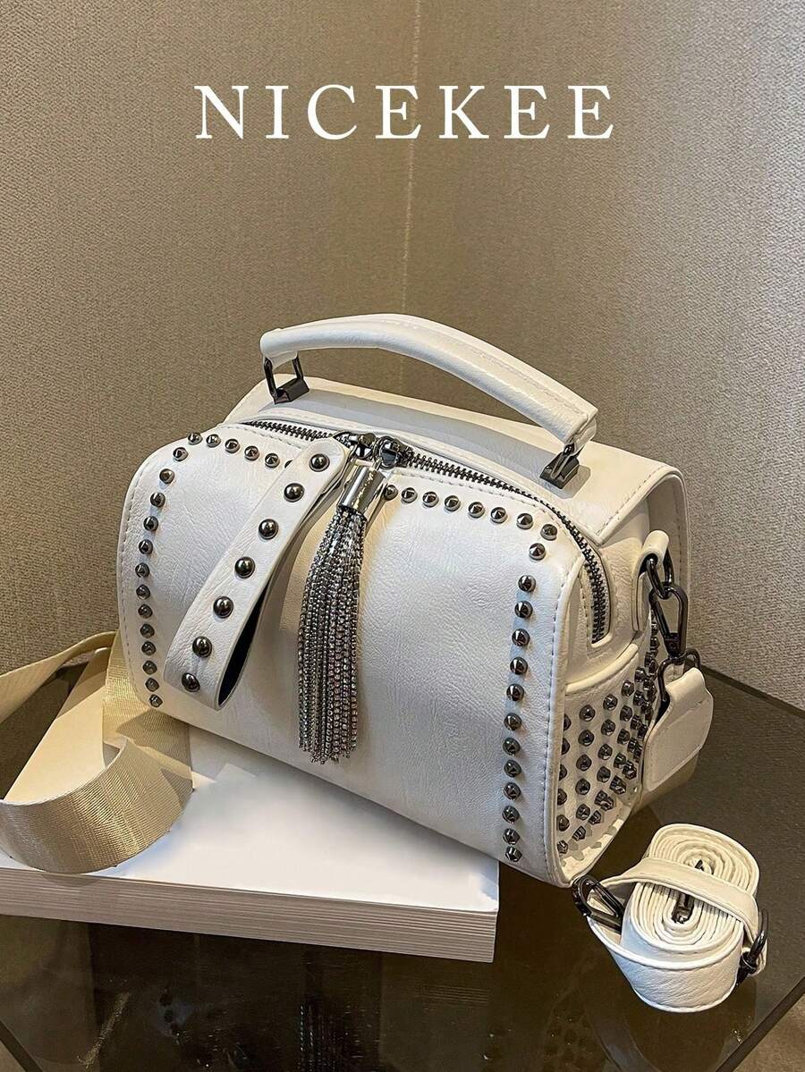 时尚百搭手提包，独特设计，纯色流苏铆钉波士顿包，高性价比优雅托特包，简约休闲宽肩带单肩包，适合通勤、外出、约会和购物。 - 白色 - 查看 1