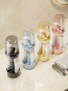 Multi-Function Plastic Toothbrush And Rinse Cup Holder Set - Freestanding, Non-Electric, Dust-Proof Bathroom Storage Rack With Adjustable Holder And Inverted Cup Design, Suitable For Home And Dorm Use