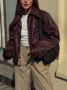 Women's Retro Lapel Long Sleeve Minimalist PU Leather Loose Jacket, Women's Fashion New Distressed Leather Jacket, Autumn Solid Color Zipper Long Sleeve Vintage PU Jacket