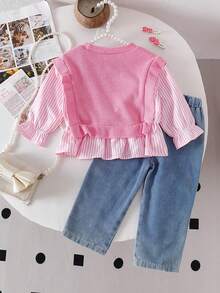 Conjunto de 2 peças de blusa listrada de patchwork com gola redonda e manga comprida e calça jeans comprida para bebês meninas, elegante e versátil para passeios - Rosa - Ver 2