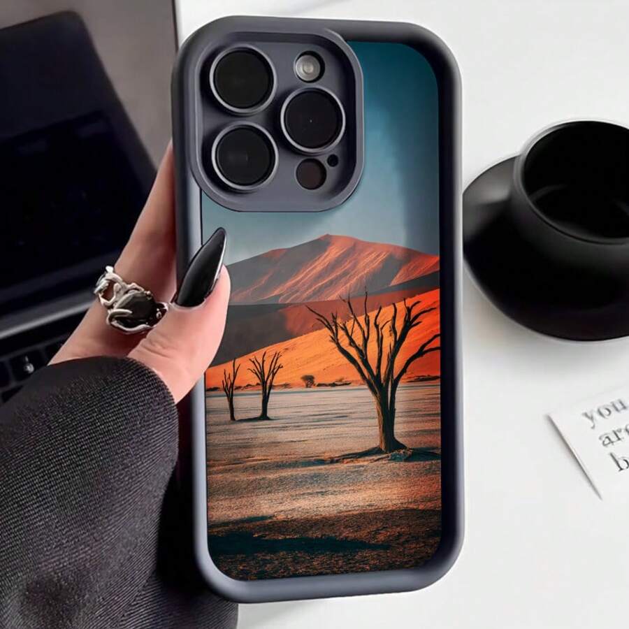 Cubierta de teléfono con borde negro diseño de paisaje desértico con árboles secos y montañas al atardecer para uso diario y viajes - Negro - Ver 1