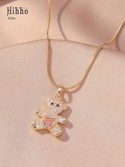 Hihho 1 pezzo Collana con ciondolo a forma di orso con micro-intarsi in zirconia, accessorio gioiello carino e alla moda per le donne, gioielleria natalizia