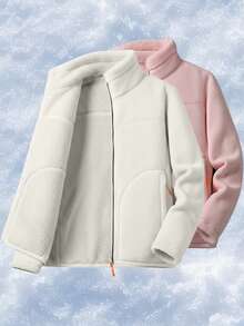 Women's Unique Design Wool Fleece Jacket - Autumn/Winter Stand Collar Zip-Up Hoodie, Loose Casual Sports Coat, Ski Wear - Black - View 3