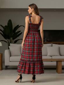 Womens Tie Shoulder Christmas Dress Sleeveless Sweetheart Neck Plaid Print Dress Holiday Midi Dress - 紅色 - 查看 6
