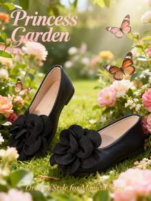 Pantofi de vară din piele neagră pentru copii, pantofi de dans pentru fete, pantofi eleganți, design floral, plați și confortabili, potriviți pentru spectacole școlare, petreceri, nunți, elevi de ciclu primar - Negru - Vizualizare 5