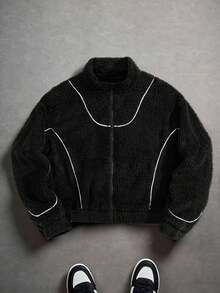 1pc Y2K Contrast Color Streetwear Style Fleece Jacket For Teenage Boys, American Short Minimalist Design, Warm & Comfortable, Suitable For Commuting, Casual Outings, Can Be Worn As An Open Front Cardigan