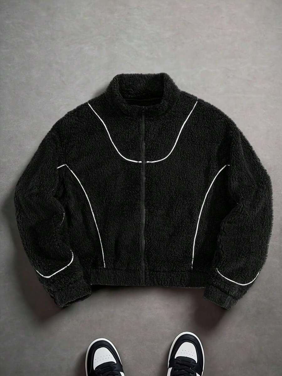 1pc Y2K Contrast Color Streetwear Style Fleece Jacket For Teenage Boys, American Short Minimalist Design, Warm & Comfortable, Suitable For Commuting, Casual Outings, Can Be Worn As An Open Front Cardigan