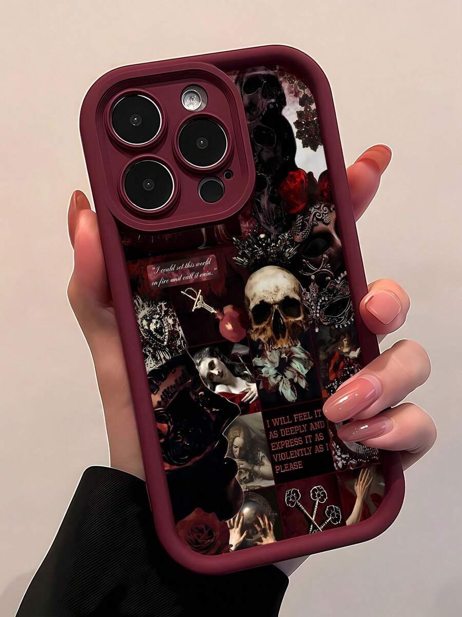 Funda para teléfono con diseño gótico de corazón y calavera, fabricada en TPU. Protege tu dispositivo y mantiene tu estilo. Compatible con teléfonos ,  17,  16 Pro Max,  15 Pro Max,  13 y  12. Fabricada en TPU, ofrece protección contra golpes y caídas. Un regalo perfecto para familiares, amigos y amantes de lo macabro. - Rojo - Ver 1
