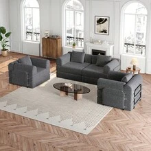 Chenille 2-In-1 Sofa Bed With Armrest Storage Pocket, Three Metal Frames And Multiple Configuration Options - Grey + Chenille + 4 Seat - View 3