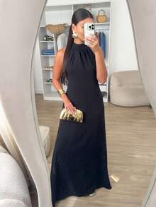 Women's Long Duna Dress Elegant Summer High Neck Tank Top Bare Back Bow - 黑色 - 查看 8
