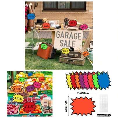 80Pcs Price Sign Retail, 7x5.5 Fluorescent Neon Signs, 8 Styles Burst Signs With 100Pcs Adhesive, Paper Price Tags Retail Store, Garage, Yard