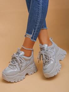 White Platform Casual Sneakers For Women, Comfortable Wedge Heel Shoes - Silver - View 2