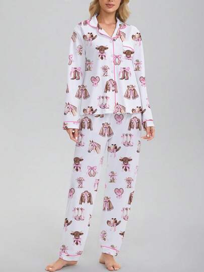 2 pezzi Set pigiama da donna, Autunno/Inverno, Morbido e Confortevole, Comprende Camicia a maniche lunghe con stampa farfalla, Colletto e Pantaloni a vita elastica lunga, Adatto per Abbigliamento da casa, Feste, Vacanze