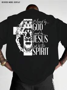 Men's Christian Religious Pattern T-Shirt - Bold Print On Back "God Bless - Jesus Praises - Holy Spirit Loves", Red Crew Neck Shirt, Suitable For Church, Casual Outfits, Machine Washable Gift, Street Fashion, Lion Face Design, Breathable Fabric, Comfortable Fit, Faith Clothing, Lightweight Short Sleeve Top, Street Style Enthusiasts - Unisex Plus Size Top - 黑色 - 查看 7