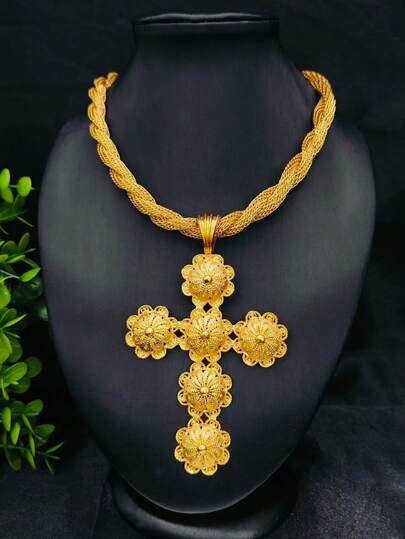 1 pieza Collar con colgante de cruz dorado de moda para mujer, adecuado para boda europea y americana, fiesta, uso diario, regalo de vacaciones