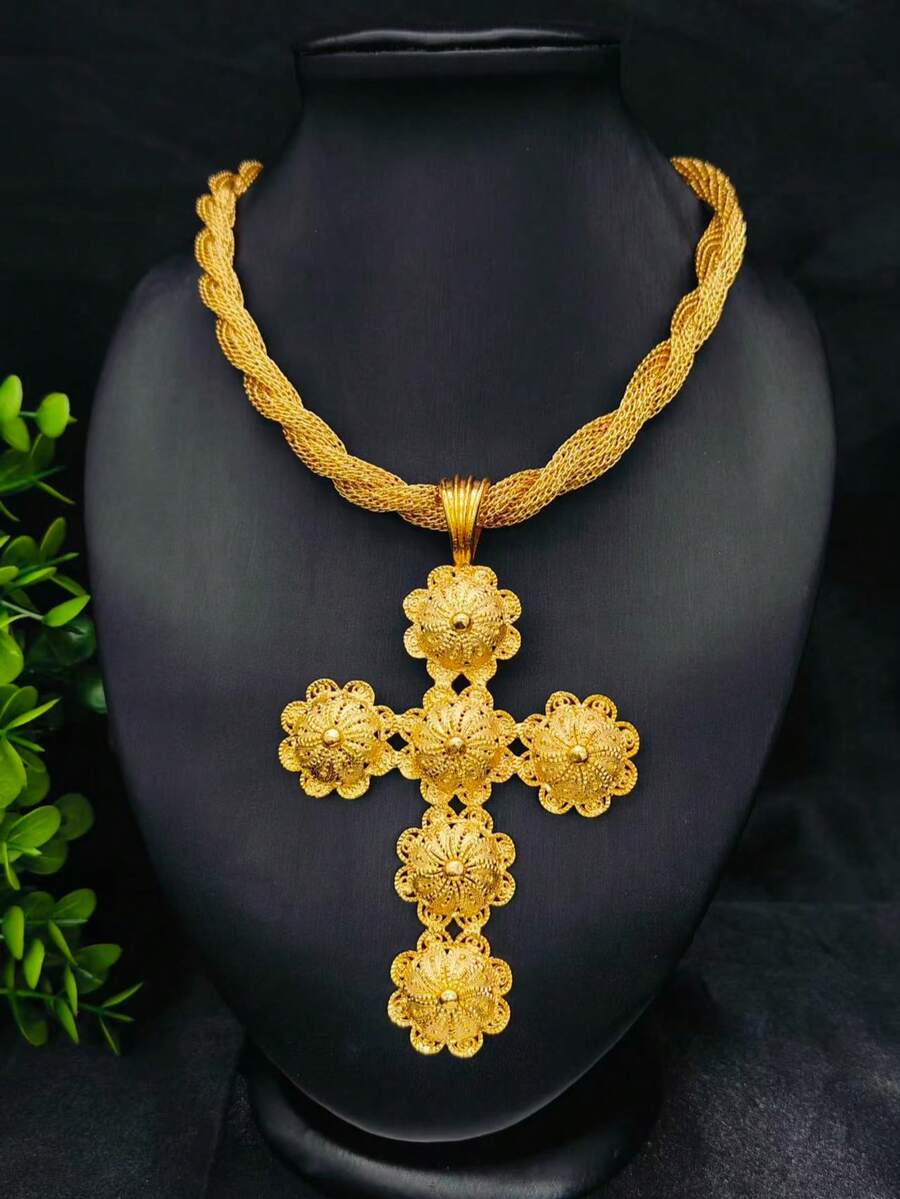 1pc Fashionable Women's Gold Cross Pendant Necklace, Suitable For European & American Wedding, Party, Daily Wear, Holiday Gift