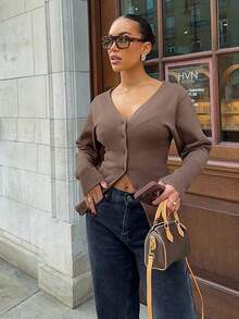For Love & Bella Women's Sexy & Elegant Deep V-Neck Solid Brown Knit Cardigan, Fitted Minimalist Button Front Knit Sweater, Autumn/Winter - Chocolate Brown - View 2