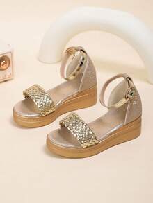 1 Pair Toddler Girls' Metallic Woven Upper Buckle Decor Soft & Luxurious PU Leather Sandals, Simple One-Strap Design, Round Toe, Comfortable Platform Wedge Heel, Fashionable Princess Style Casual High Heels Suitable For Daily, Party, Holiday Wear - 金色 - 查看 2