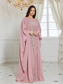 UNITHORSE Đầm ngủ nữ cổ tròn tay cánh dơi dài sang trọng cao cấp phối ren đính sequin, chất liệu satin mờ, màu hồng nhạt, thích hợp cho mùa xuân. - Hồng - Xem 7