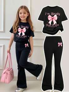 青少年女孩休闲蝴蝶结图案短袖宽松 T 恤和喇叭裤优雅女孩服装，返校/校服 - 黑色 - 查看 8