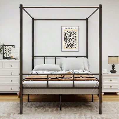 Queen Bed Frame Metal Canopy Bed Frame QueenPlatform Bed Frame With 4 Poster And Headboard Mattress Foundation With Steel Slat Support No Box Spring Needed Easy Assembly Black
