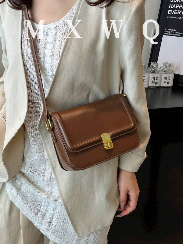 Minimalist Retro Solid Color Flap Lock Crossbody Bag, Stylish European And American Fashion Design, Suitable For Banquets, Streets, Commuting, And Shopping
