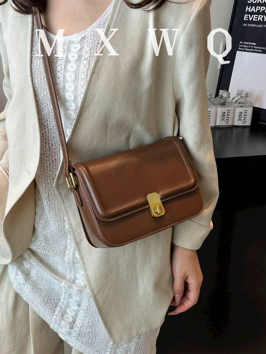 极简复古纯色翻盖锁扣斜挎包，时尚欧美潮流设计，适合宴会、街头、通勤、逛街