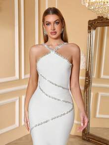 Love Aing Women's White Dress, Luxurious Wedding Guest Party Holiday Handmade Crystal Chain Halter Sexy Elegant Ball Gown, Romantic Formal Occasion Evening Dress Spring - White - View 11