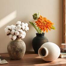 1个复古花瓶，乡村复古圆形手工陶瓷装饰花瓶，适合情人节、感恩节、家庭聚会、客厅、办公室、玄关装饰。 - 棕色 - 查看 5