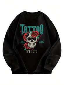 Sudadera Gráfica Gótica para Hombre con Estudio de Tatuajes - Jersey de Cuello Redondo con Calavera y Rosas Rojas, Ropa Urbana Lavable a Máquina para Gimnasio, Conciertos, Citas - Suéter Casual con Estilo para Hombre, Ropa para Conciertos, Diseño de Letras Audaces, Ajuste Cómodo, Ropa de Gimnasio - Oscuro - Ver 1