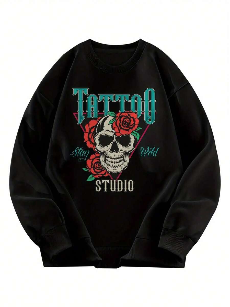 Sudadera Gráfica Gótica para Hombre con Estudio de Tatuajes - Jersey de Cuello Redondo con Calavera y Rosas Rojas, Ropa Urbana Lavable a Máquina para Gimnasio, Conciertos, Citas - Suéter Casual con Estilo para Hombre, Ropa para Conciertos, Diseño de Letras Audaces, Ajuste Cómodo, Ropa de Gimnasio - Oscuro - Ver 1