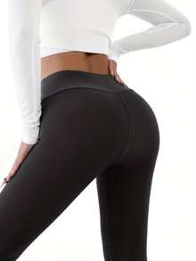 Women's High-Waisted Winter Warm Leggings - Full-Length Tummy Control Pants With Contrast White Waistband, Stretchy Polyester (Maroon/White), & Casual Thermal Leggings, Machine Washable High Waisted Pants - 灰色 - 查看 5