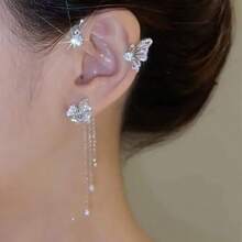 European And American New Style Butterfly Ear Cuff Ear Bone Clip Non-Pierced Earrings Niche Super Fairy Tassel Light Luxury Ear Jewelry - 銀色左耳 - 查看 11