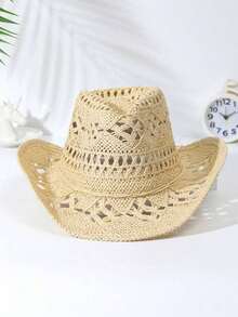 1pc Rope Decor Solid Hollow Out Straw Hat, Casual Colorblocked Windproof Cowgirl Hat, Beach Hat Outdoor - Beige - View 9