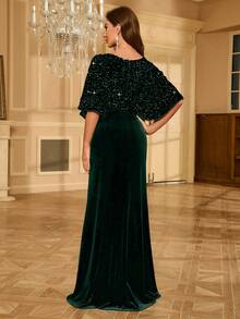 Đầm cocktail UNITHORSE đính sequin, tay cánh dơi, cổ chữ V, xẻ cao, thích hợp dự tiệc, đám cưới, lễ phục, dạ hội, cô dâu, sinh nhật, tốt nghiệp, dành cho nữ, thời trang thu đông xuân. - Màu xanh lá cây đậm - Xem 3