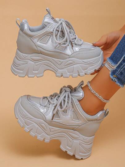 White Platform Casual Sneakers For Women, Comfortable Wedge Heel Shoes