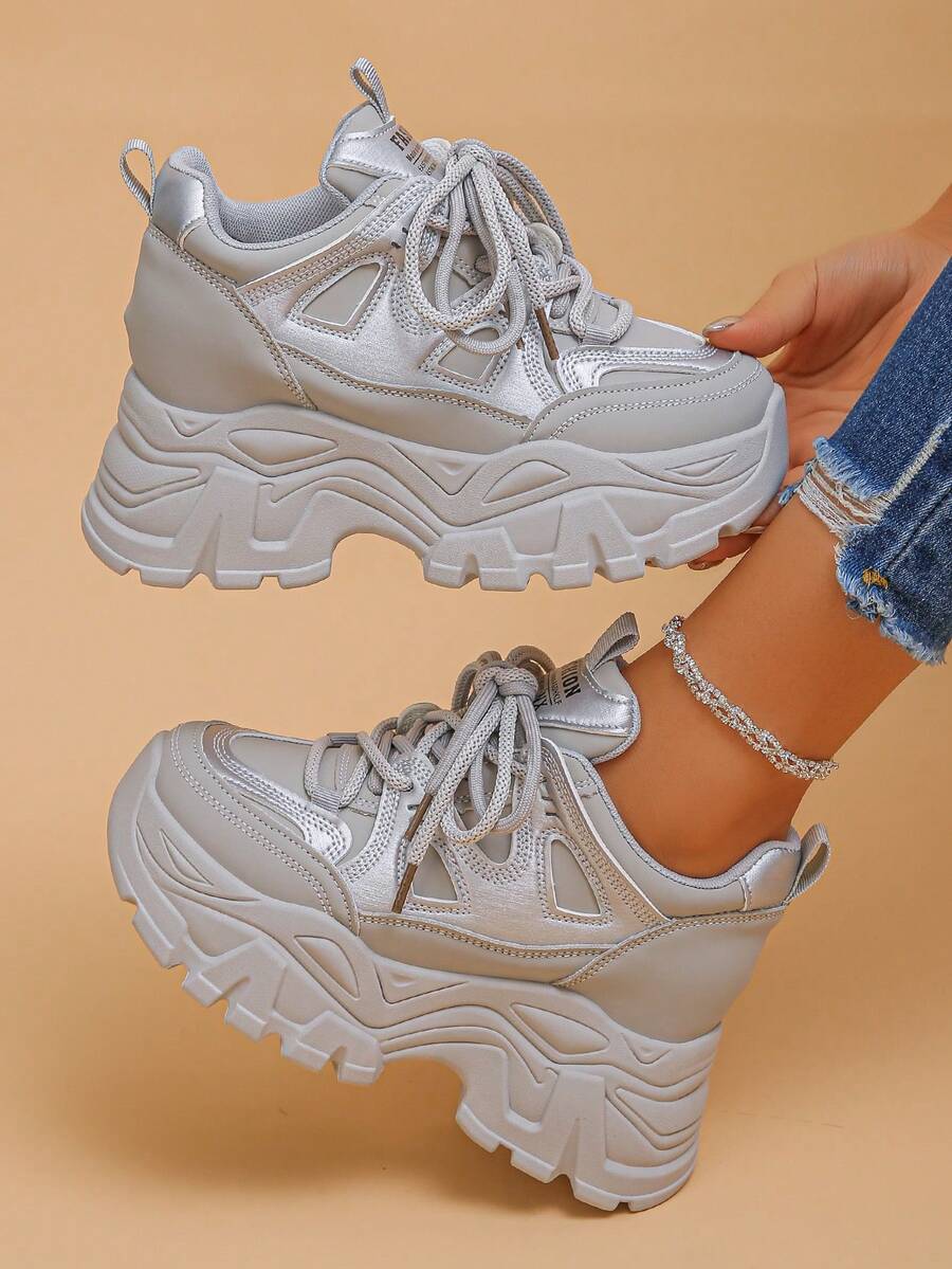 White Platform Casual Sneakers For Women, Comfortable Wedge Heel Shoes - Silver - View 1