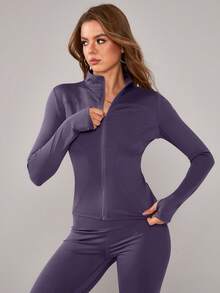 NcmRyu Bộ đồ thể thao nữ co giãn có khóa kéo, kiểu dáng thường ngày, cổ đứng, eo thắt, thích hợp cho khiêu vũ và tập luyện mùa xuân. - Màu tím - Xem 10