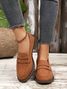 秋冬新款女士乐福鞋，复古学院风小皮鞋，棕色鞋，浅口学生鞋，一脚蹬女鞋，女士平底鞋，四季休闲通勤鞋 - 棕色 - 查看 4