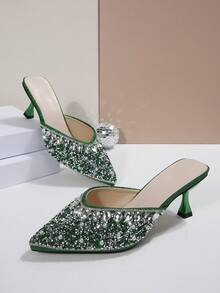 Tacones altos de mujer con puntera francesa, decorados con rhinestones, de estilo minimalista y elegante, apropiados para citas, ir al trabajo y viajes - Verde - Ver 4