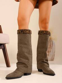 Fall/Winter Brown Patchwork Leopard Print Asymmetrical Waistband Decor Mid-Calf Slip-On Boots, Comfortable, Versatile, Fashionable For Casual, Office, Holiday - Brown - View 6
