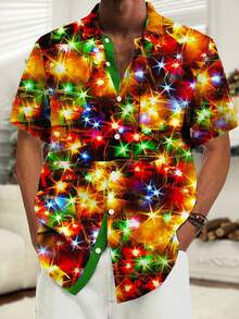Christmas Holiday Party Print Button Pocket Short Sleeve Shirt For Men - Multicolor - View 1