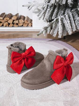 Large Size Red Fashionable Bow For Women, Women's Winter Plush Warm Solid Snow Boots, Women's Flat Short Winter Thermal Lined Warm Boots, Warm And Comfortable, Suitable For Christmas,Halloween,Thanksgiving,Outdoor And Daily Wear