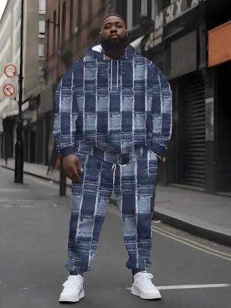 加大码男士牛仔蓝格子连帽衫套装，宽松修身两件套，适合大码男士的休闲时尚单品