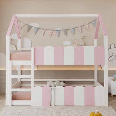 Letto a castello per bambini, 90 x 200 cm, a forma di casa con sponde di sicurezz rialzate. Il letto superiore ha una rete a doghe. Adatto a bambine e bambini. Rosa.