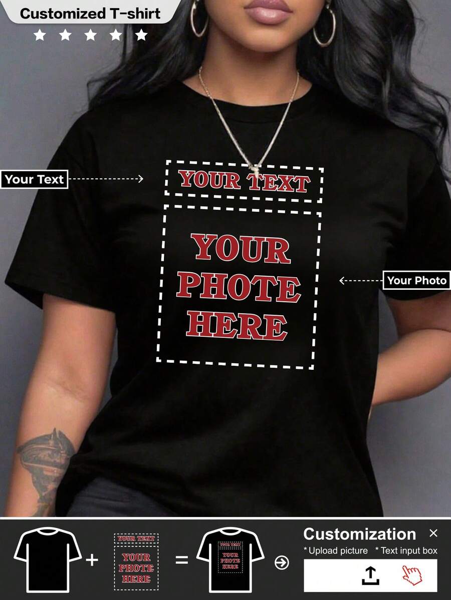 定制个性化T恤，女士运动T恤，女士短袖T恤，可添加图片和文字设计您的专属个性化T恤，是周年纪念日、情人节、母亲节、生日、节日的理想礼物。定制T恤。黑色夏季运动服 - 黑色 - 查看 1